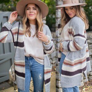 A NEW DAY Striped Open Front Cardigan Gray Cream Tan Brown Long Heavy Sweater M